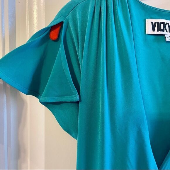 Vicky Tiel Vintage Teal Green Flutter Sleeve V-Neck Wrap Dress; SZ S; BNWT - Picture 7 of 10